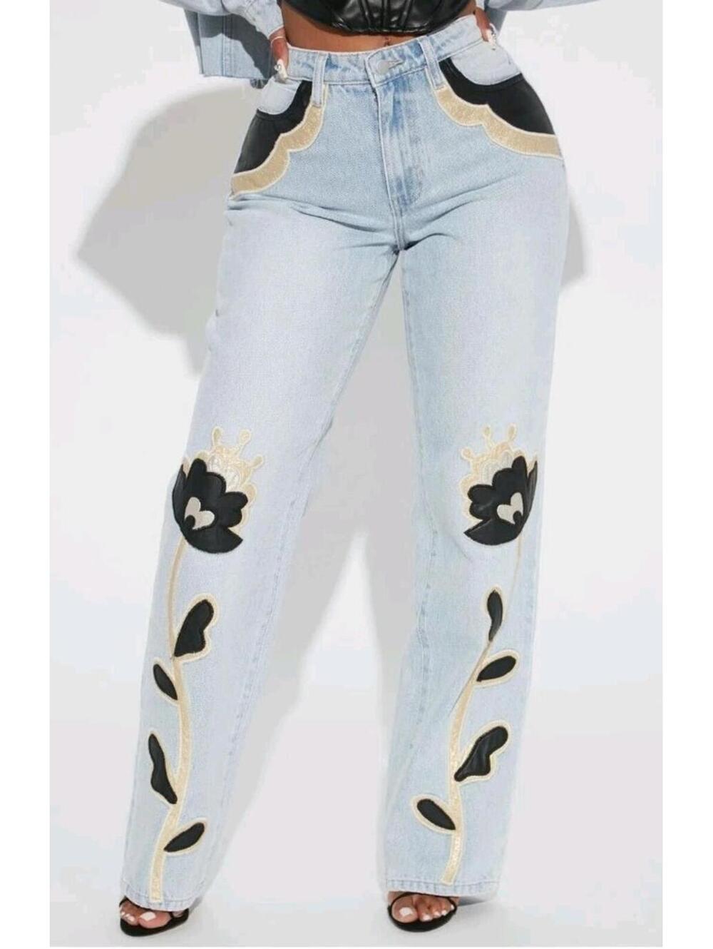 Fashion Nova Charley PU Patch Straight Leg Jeans Light Wash Size 9